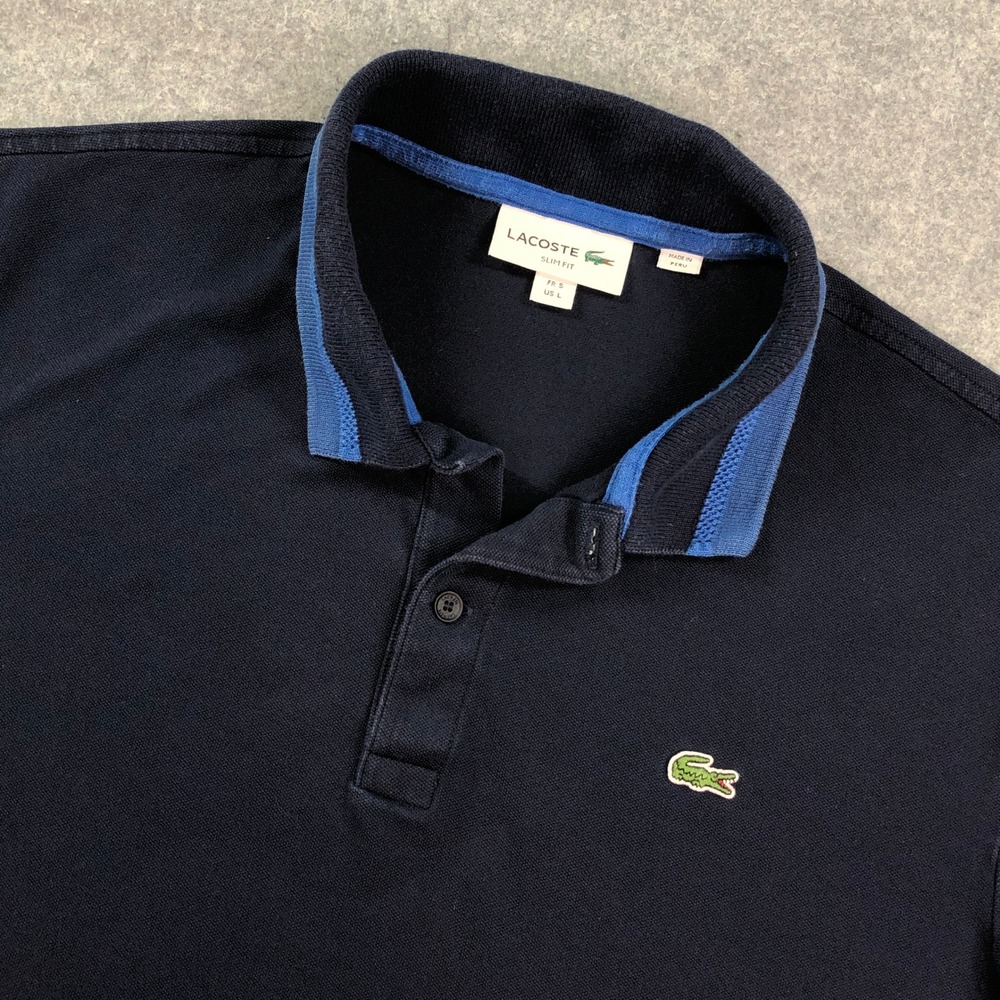 Lacoste Mens Polo Shirt L Navy Stretch Short Sleeve Slim Fit